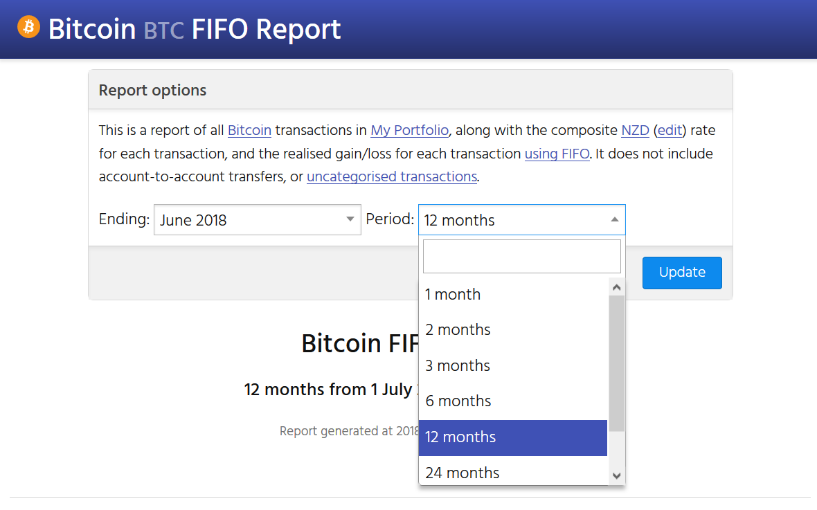 Screenshot showing the CryptFolio FIFO reporting options interface. You can change the displayed period and end date of any inventory report.