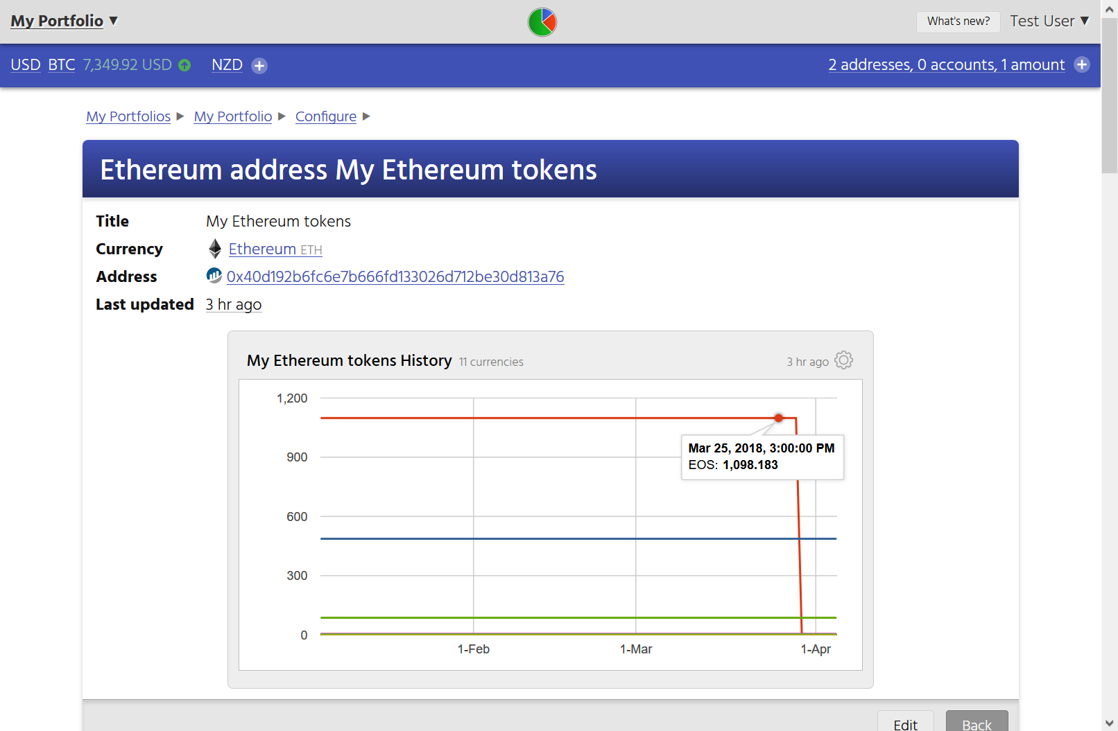 Screenshot showing that CryptFolio tracks the balances and transactions of tokens associated with an Ethereum address.