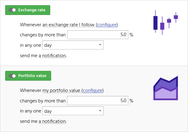 Screenshot showing the CryptFolio wizard interface to set up notifications on changes in exchange rates, and on changes in the value of a portfolio.