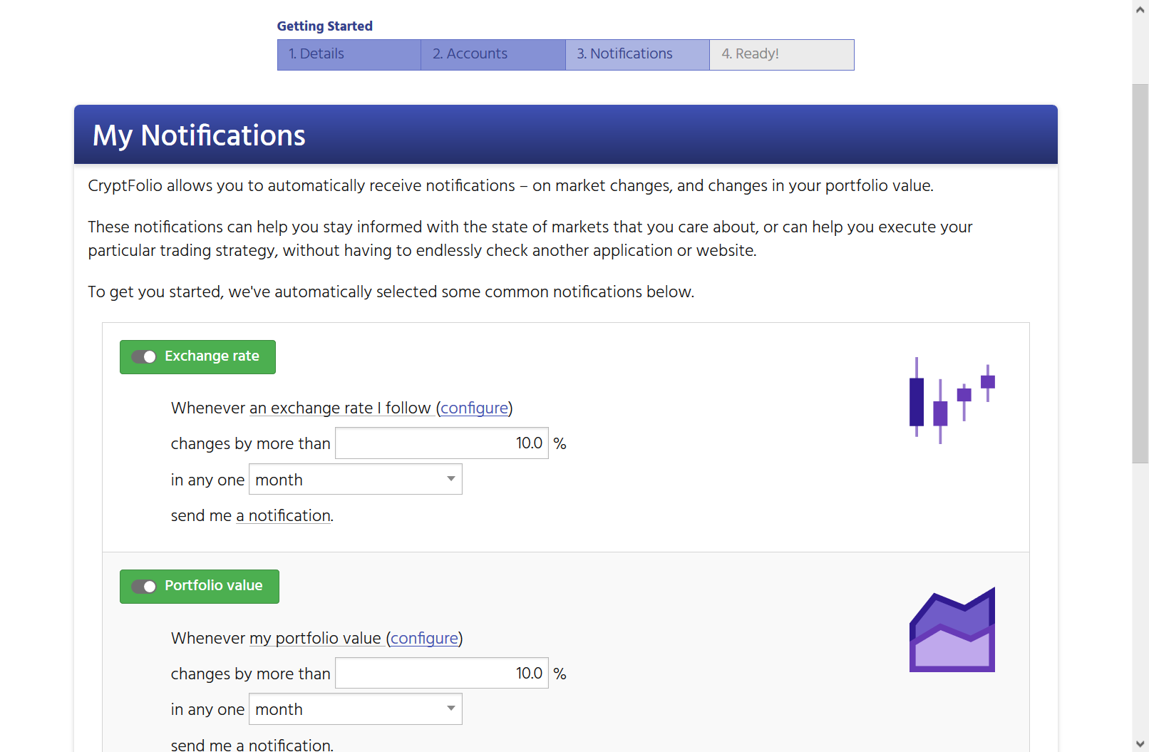 Screenshot showing the CryptFolio wizard interface to set up notifications on changes in exchange rates, and on changes in the value of a portfolio.